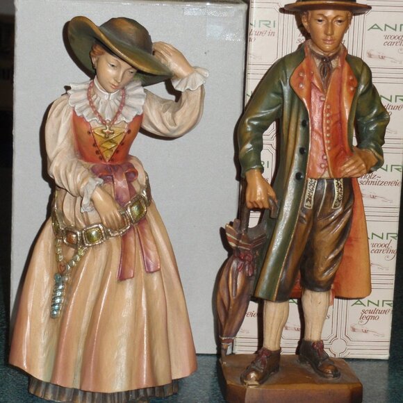 10" ANRI WOOD CARVED PAIR SET OLD GROEDNER MAN AND WOMAN SIGNED WITH BOXES RARE! - Picture 7 of 11